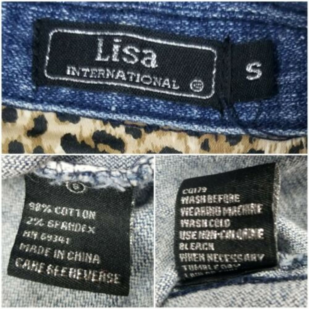 Lisa International Womens Small Denim Stretch Jacket Blue Jean Leopard Flip Cuff - Picture 4 of 12
